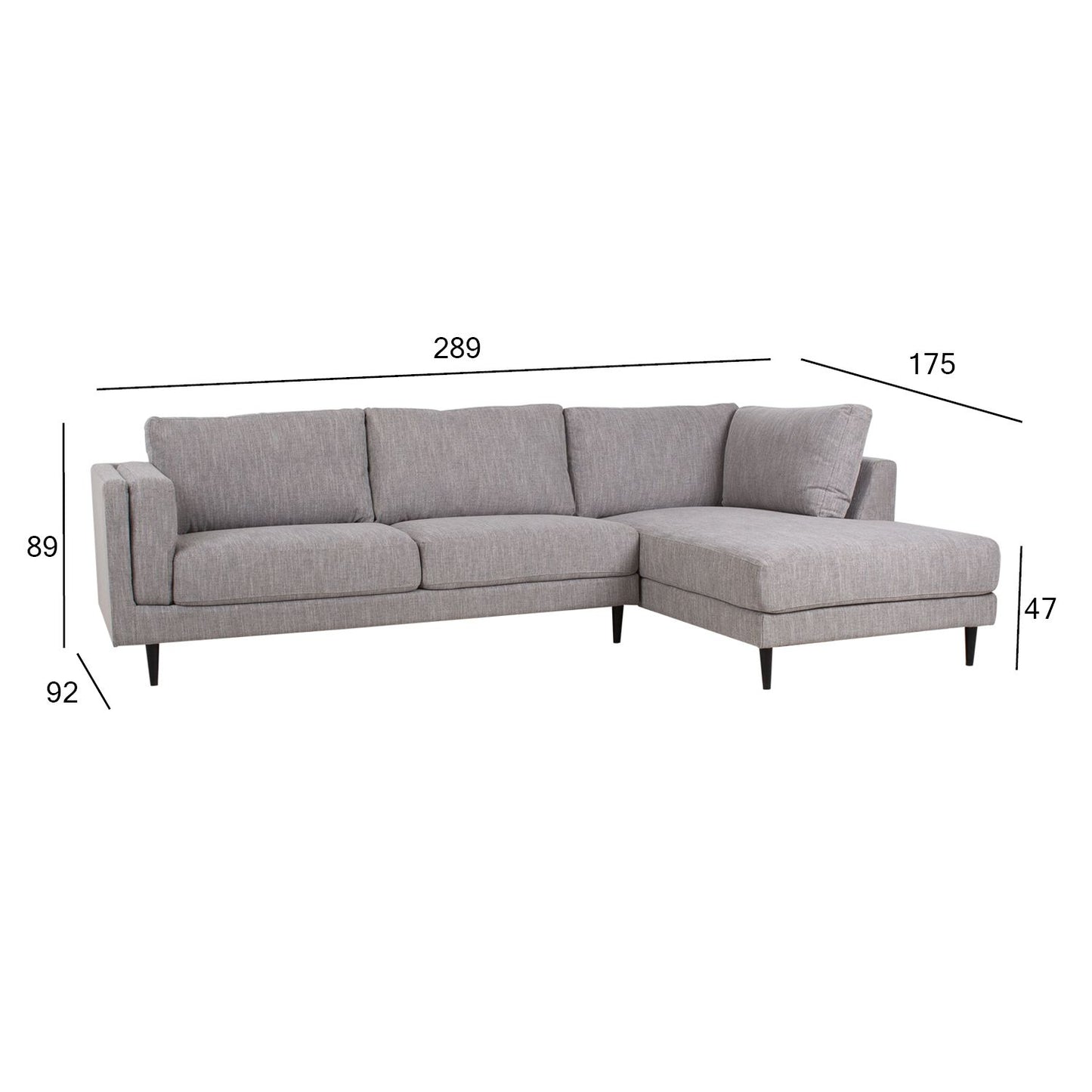 Corner sofa LISBON, right corner, 289x92 / 175xH89cm, gray