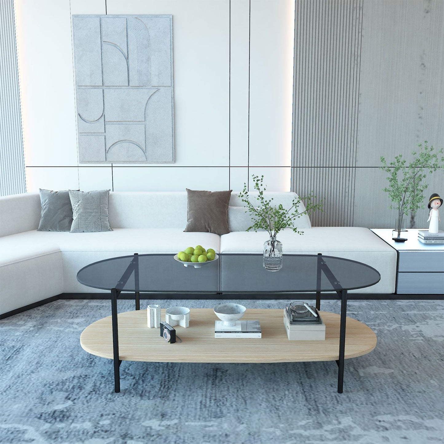 Coffee table CINDY 120x55xH40cm, gray glass/melamine oak