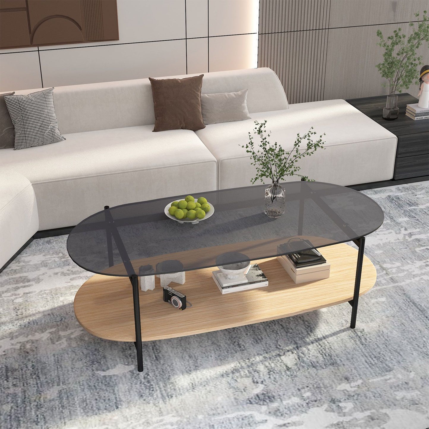 Coffee table CINDY 120x55xH40cm, gray glass/melamine oak