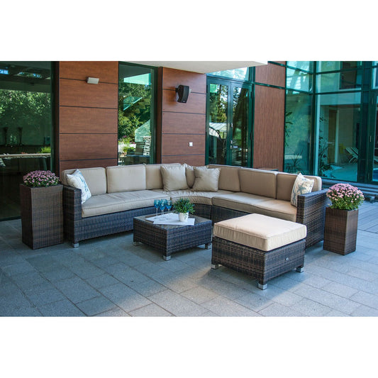 Garden furniture set DAWSON with cushions, table, corner sofa and pouf, color: brown/beige