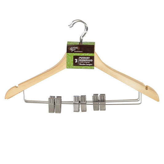 Clothes hanger 3 pcs. in a set, with metal clips, natural wood