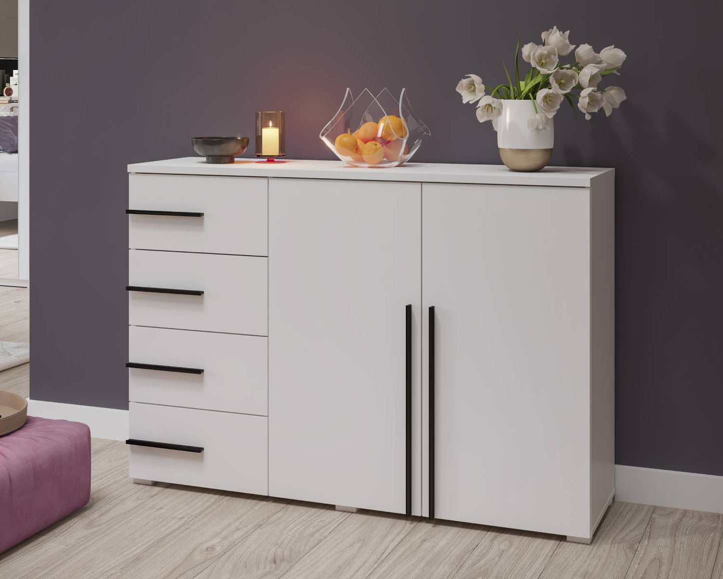 VIOLLA - Chest of drawers with 2 doors and 4 drawers / white and white glossy 