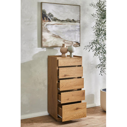 Chest of drawers SACHA 50x40xH109cm, melamine with oak decor