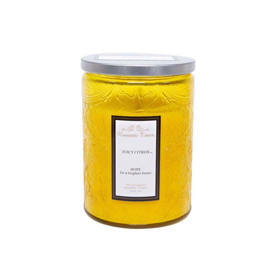 Candle in a glass jar ROMANTIC TIMES, D8xH11cm, with a lid, yellow, (scented with a lemon scent)