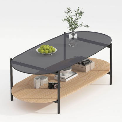 Coffee table CINDY 120x55xH40cm, gray glass/melamine oak