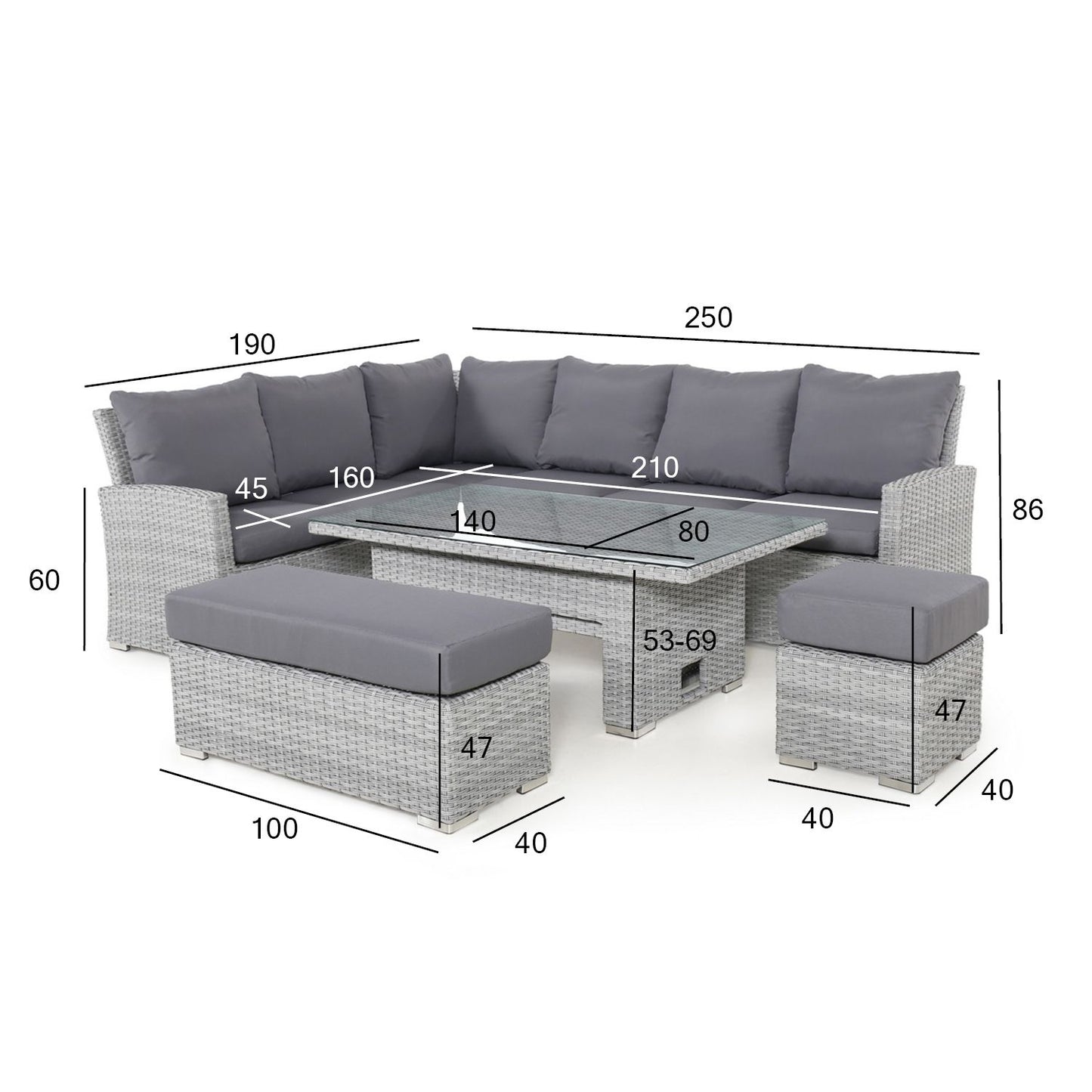 Garden furniture set ASCOT corner sofa, table and 2 poufs, gray 