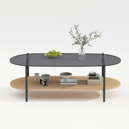 Coffee table CINDY 120x55xH40cm, gray glass/melamine oak