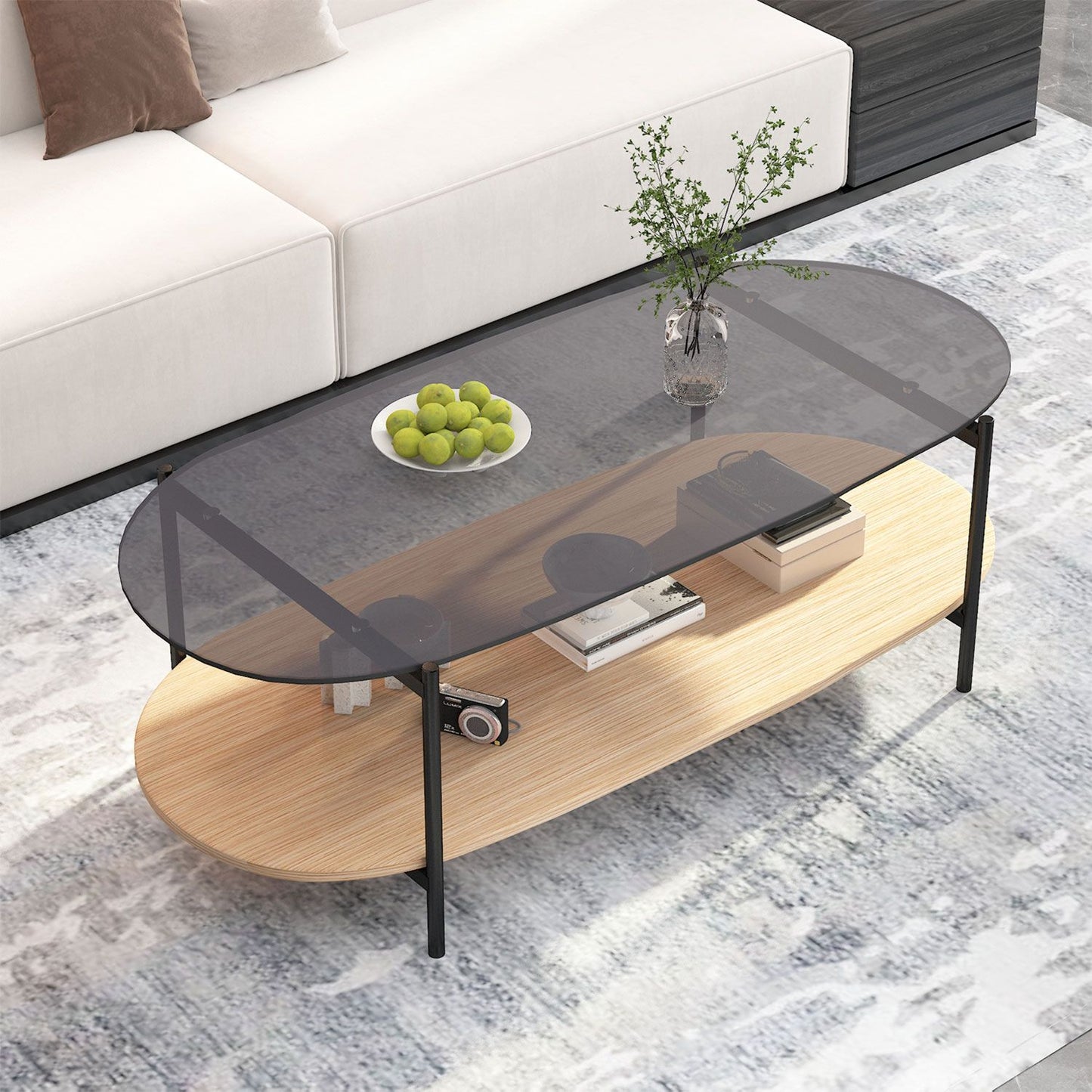 Coffee table CINDY 120x55xH40cm, gray glass/melamine oak