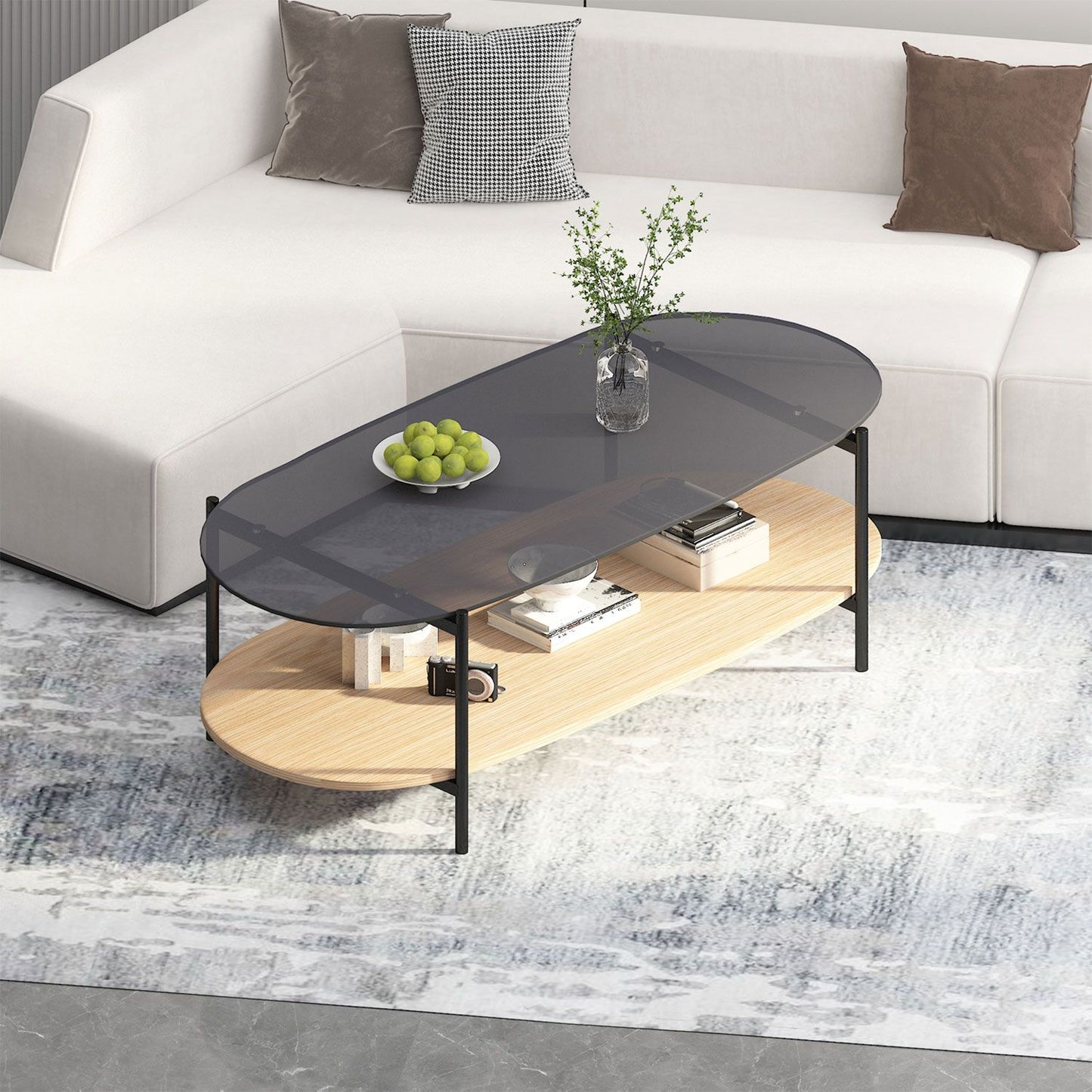 Coffee table CINDY 120x55xH40cm, gray glass/melamine oak