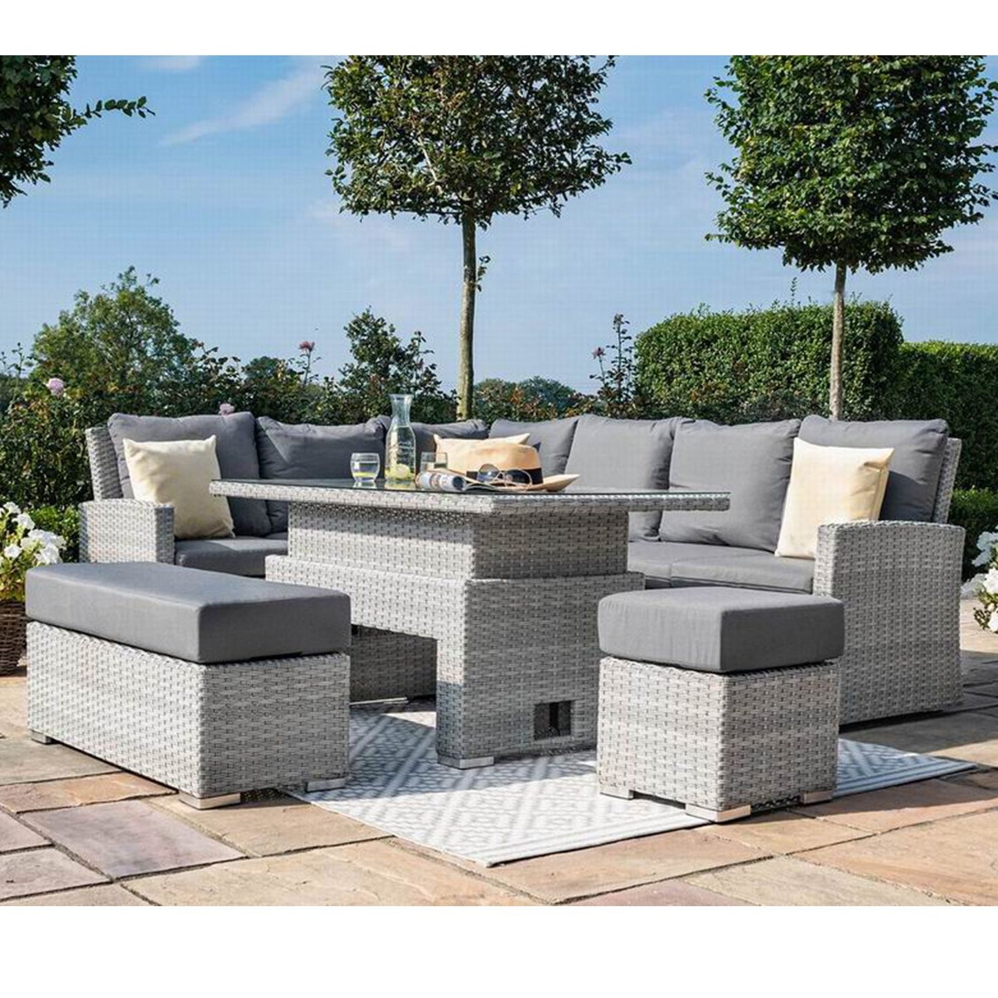 Garden furniture set ASCOT corner sofa, table and 2 poufs, gray 