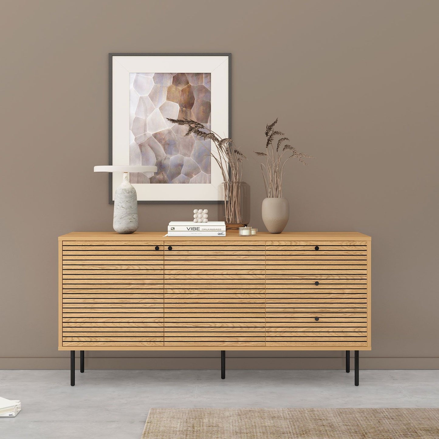 Chest of drawers LINE 150x40xH74cm, melamine with oak pattern