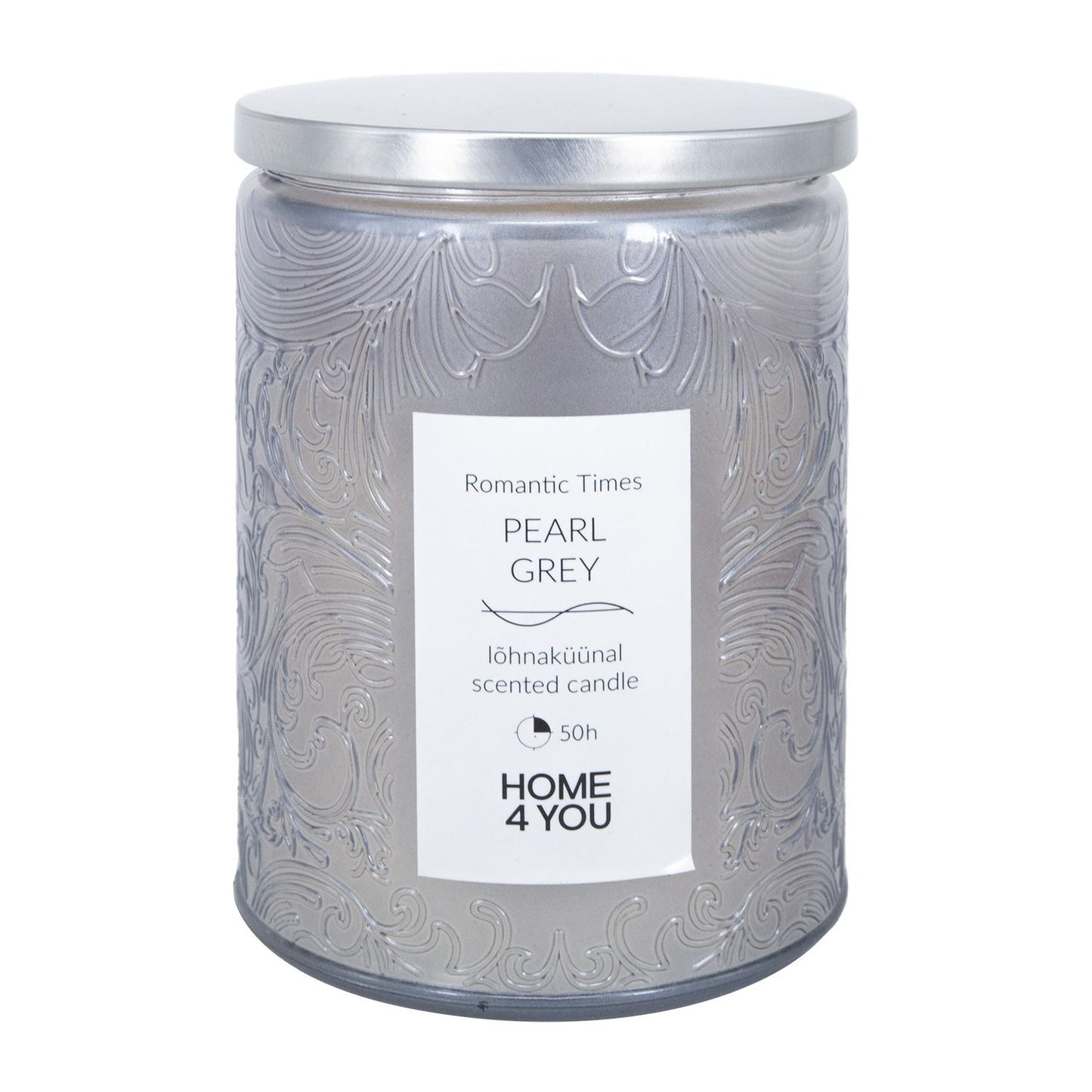 Candle in a glass jar ROMANTIC TIMES H11cm, pearl gray