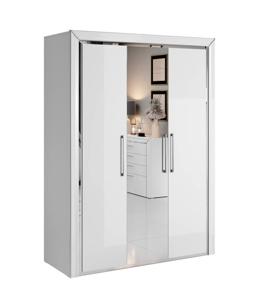 ARNO - Cabinet with 3 doors (1xmirror) 155cm / white and white gloss with silver finish 