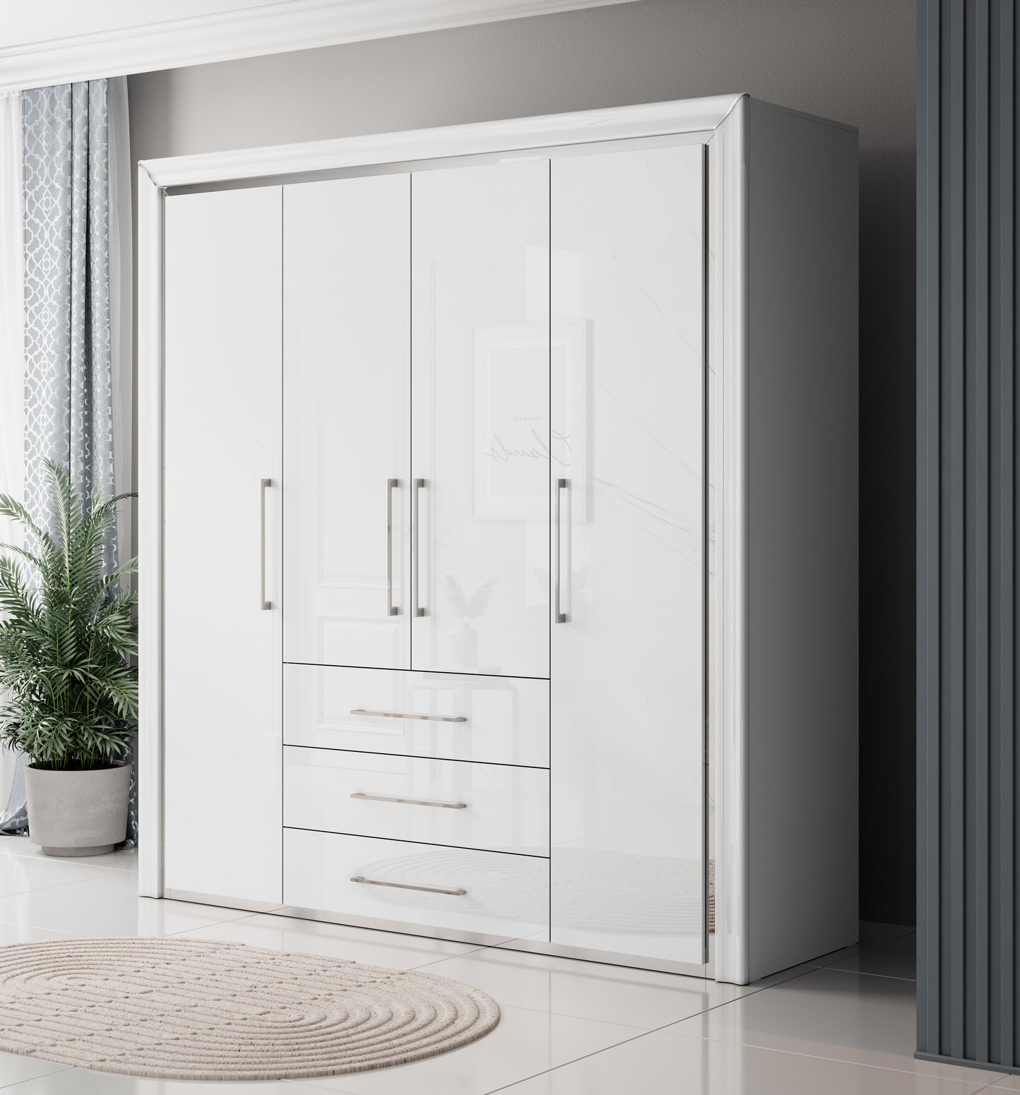 ARNO - Cabinet with 4 doors and 3 shelves 199cm / white and white gloss with silver finish 