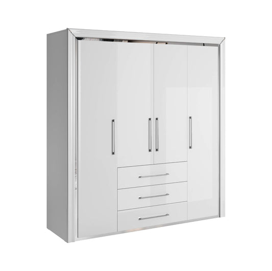 ARNO - Cabinet with 4 doors and 3 shelves 199cm / white and white gloss with silver finish 