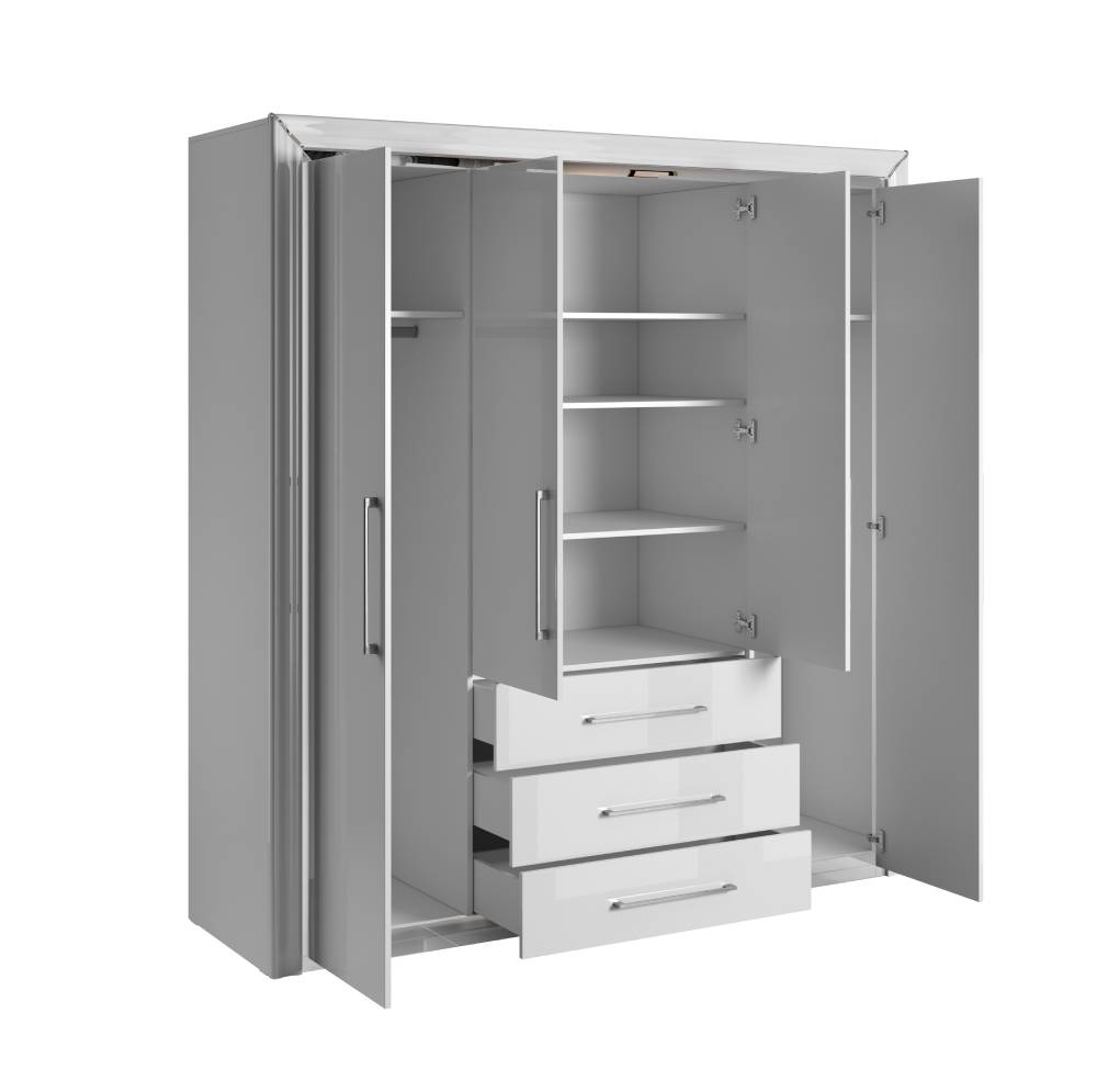 ARNO - Cabinet with 4 doors and 3 shelves 199cm / white and white gloss with silver finish 