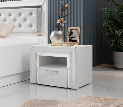 ARNO - Bedside table with 1 drawer / white and white gloss with silver finish 