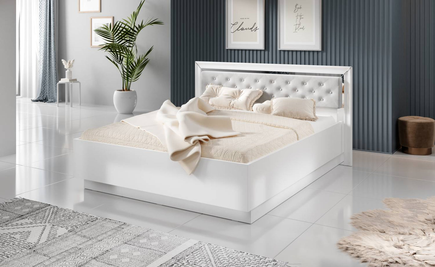 ARNO - Bed 160/200 (without frame) / white and white gloss with silver finish 