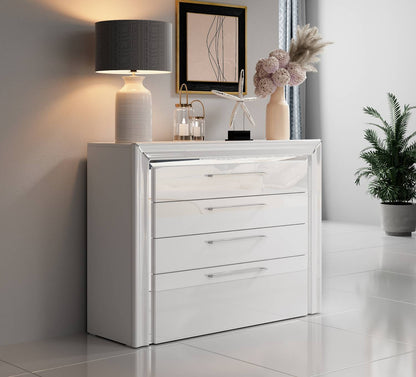 ARNO - Dresser with 4 drawers / white and white gloss with silver finish 