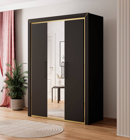 ARNO - Cabinet with 3 doors (1xmirror) / matte black and gold elements 