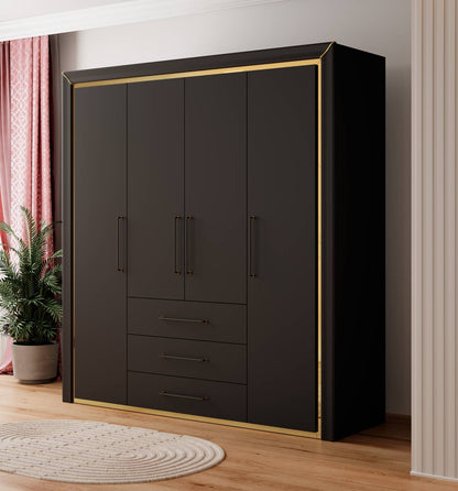 ARNO - Cabinet with 4 doors and 3 drawers / matte black and gold elements 