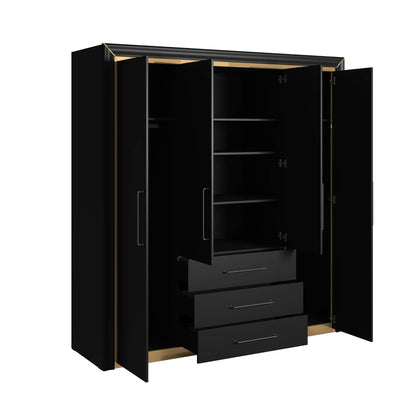 ARNO - Cabinet with 4 doors and 3 drawers / matte black and gold elements 