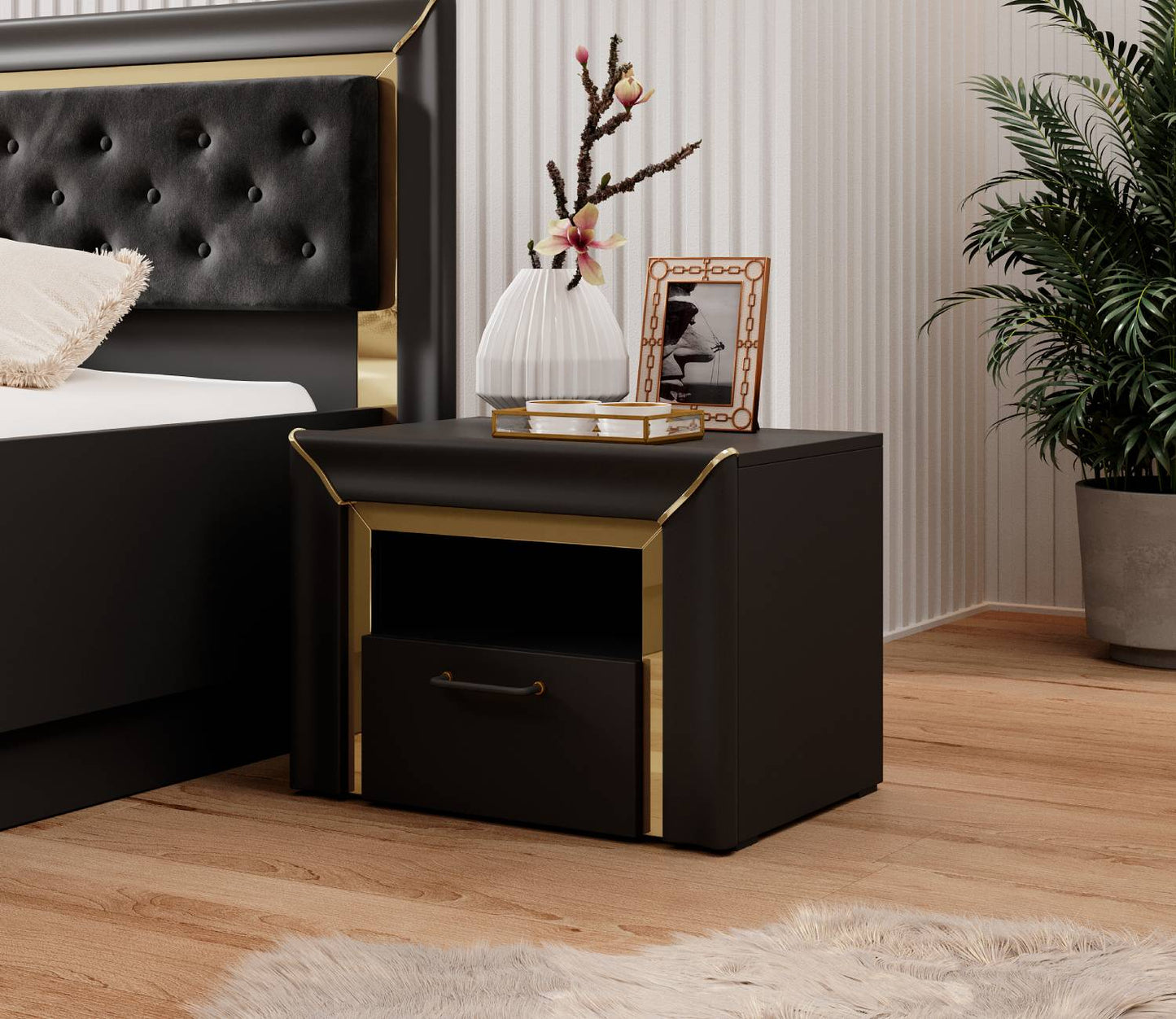 ARNO - Bedside table with 1 drawer / matte black and gold finish 