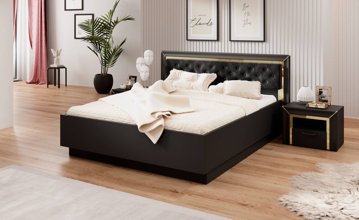 ARNO - Bed 160/200 (without frame) / black matte and gold finish 