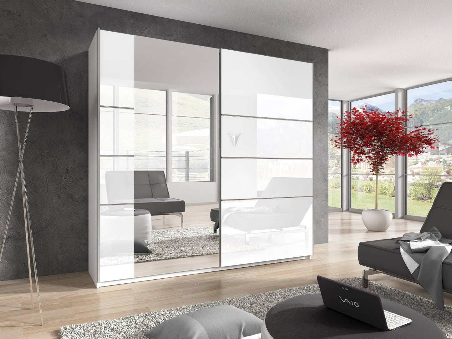 BETA - Cabinet with 2 sliding doors 180cm / White gloss with mirrors 