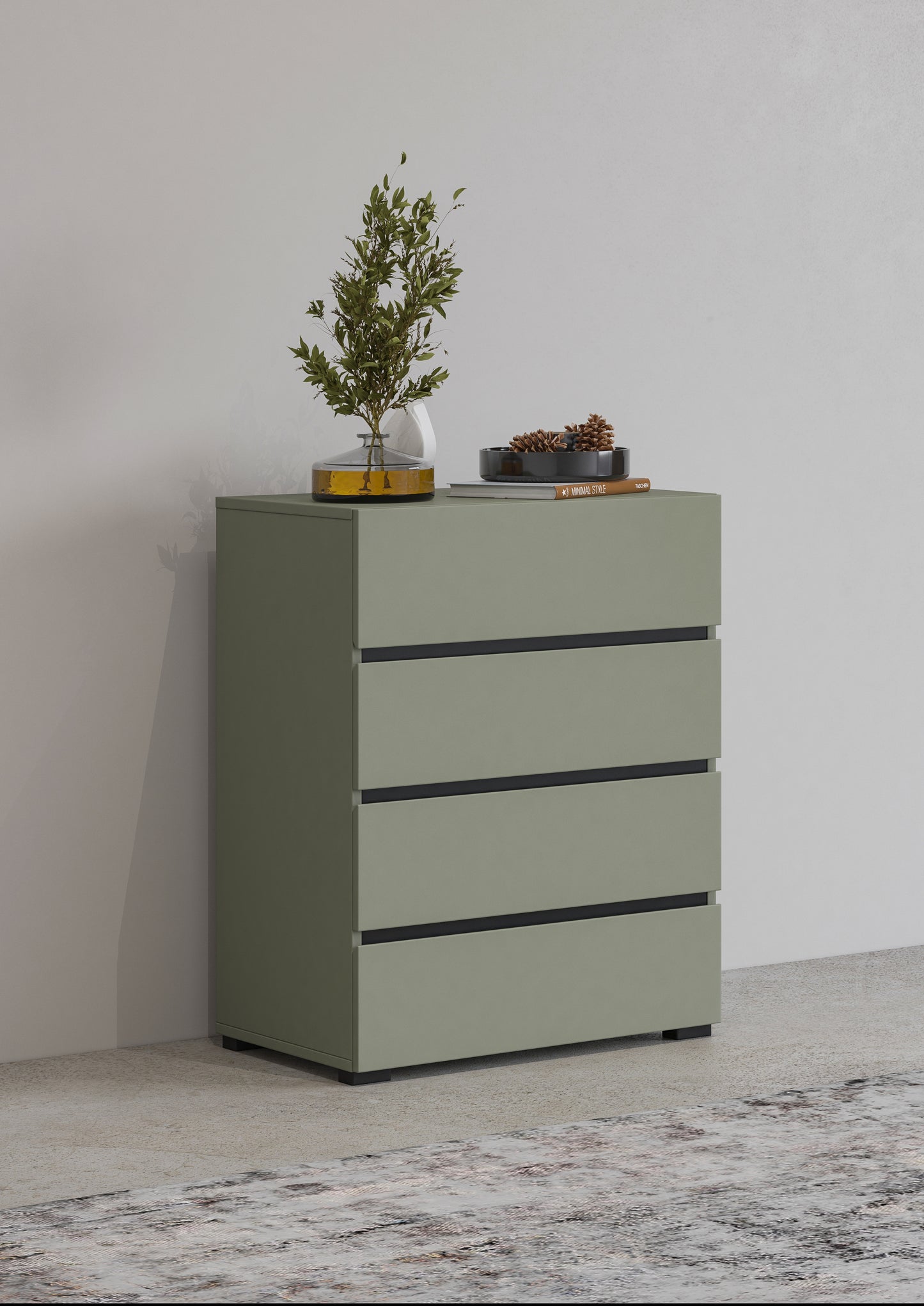 Chest of drawers CROSS with 4 drawers, Pine Green-Black 