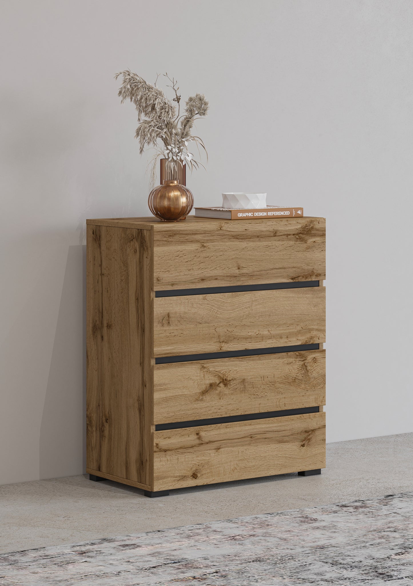 Chest of drawers CROSS, 4 Drawers, Wotan Oak-Black 