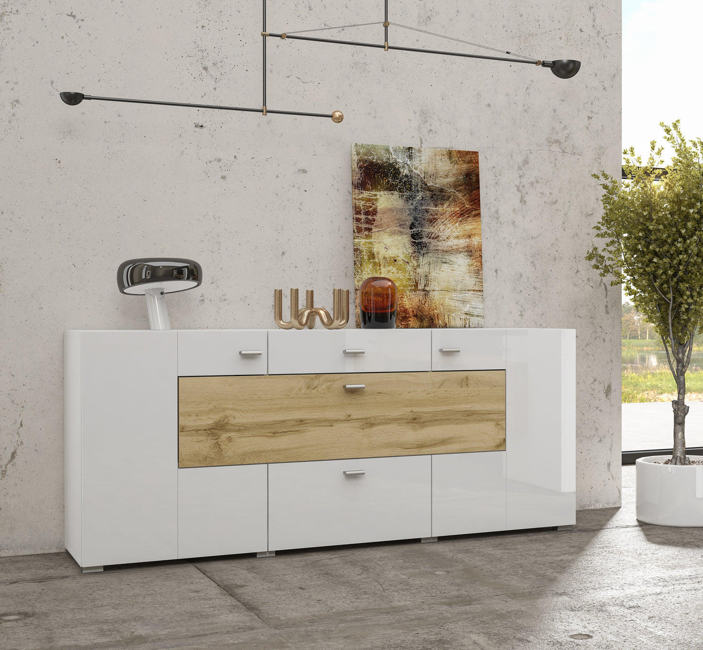 COBY - Chest of drawers with 2 doors, 2 pull-out boxes and 1 door opening / White gloss - Votan oak