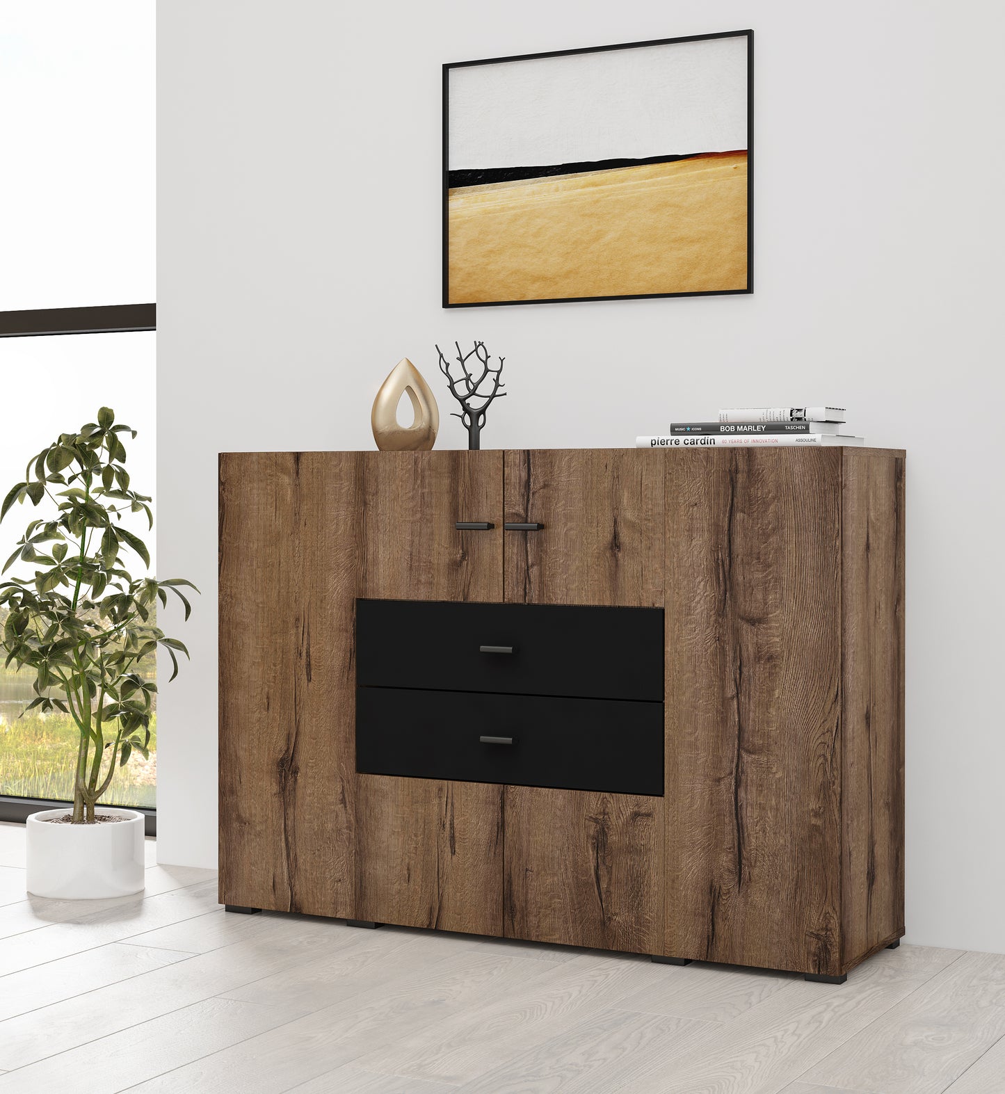 COBY - Chest of drawers with 2 doors and 2 pull-out boxes / Monastery oak - black Onyx