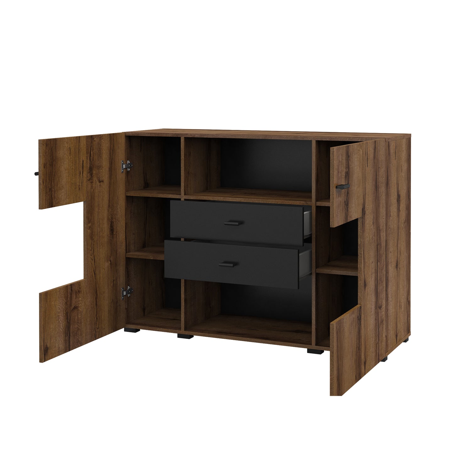 COBY - Chest of drawers with 2 doors and 2 pull-out boxes / Monastery oak - black Onyx