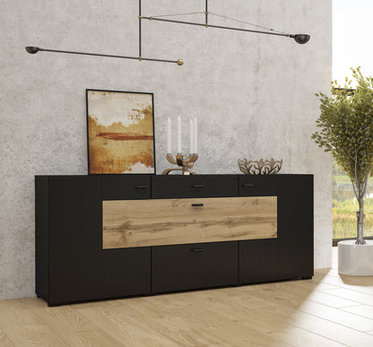 COBY - Chest of drawers with 2 doors, 2 boxes and 1 opening / Black Onyx - Votan oak