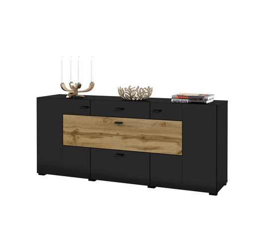 COBY - Chest of drawers with 2 doors, 2 boxes and 1 opening / Black Onyx - Votan oak