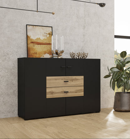 COBY - Chest of drawers with 2 doors and 2 boxes / Black Onyx - Votan oak