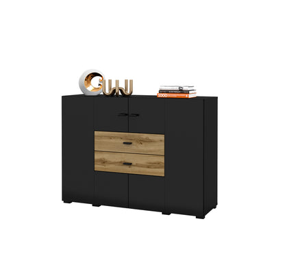 COBY - Chest of drawers with 2 doors and 2 boxes / Black Onyx - Votan oak