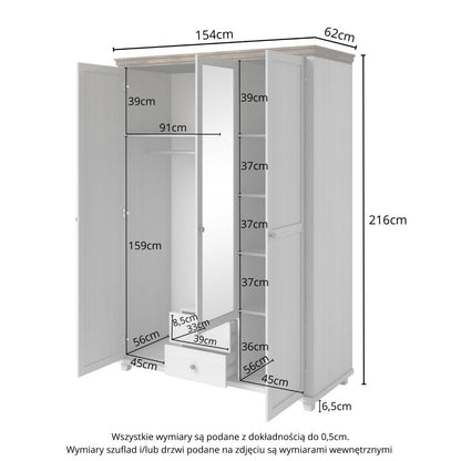 Evora S - Cabinet with 3 doors (1 with mirror) / Oak "Lefkas dark" / Abisko gray pine 154x216x62 