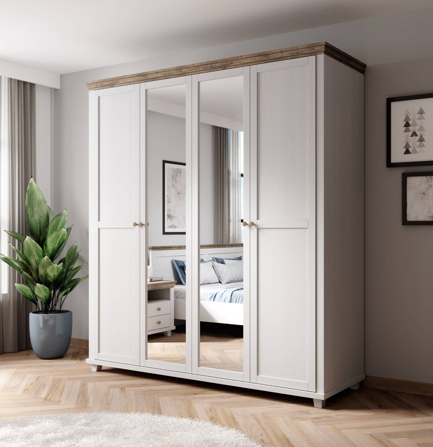 Evora S - Cabinet with 4 doors (2 with mirror) / Oak / Ash gray pine 