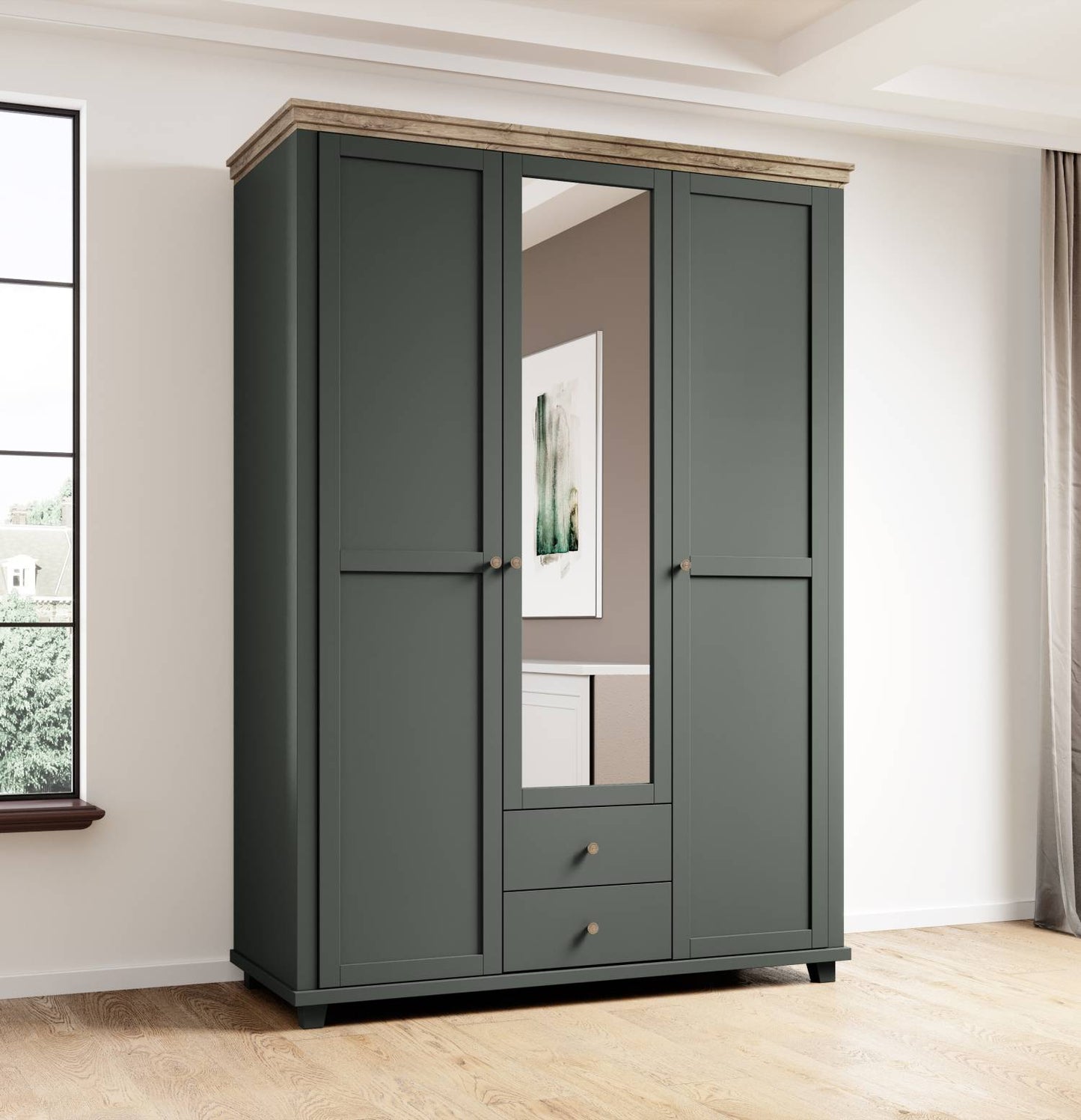 Evora S - Cabinet with 3 doors (1 with mirror) / Oak "Lefkas Dark/Green" 154x216x62 