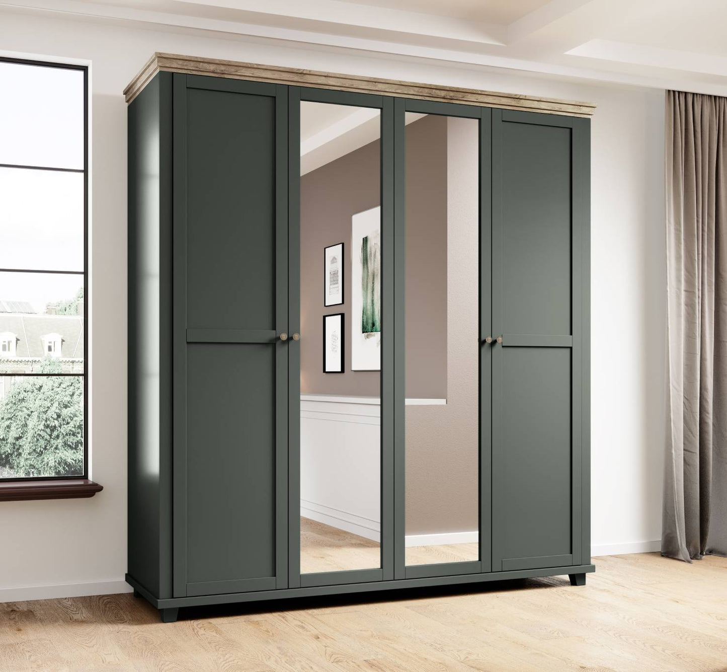 Evora S - Cabinet with 4 doors (2 with mirror) / Oak "Lefkas Dark/Green" 200x216x62 