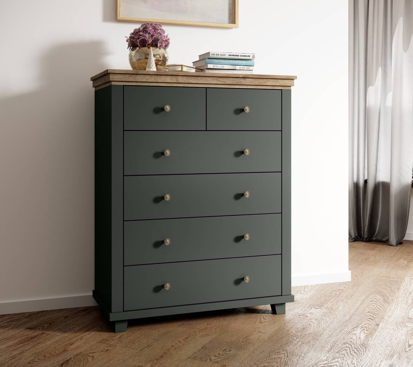 Evora S - Chest of 6 drawers / Oak "Lefkas Dark/Green" 