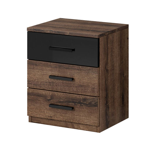 GALAXY - Bedside table with 3 drawers / Brown oak - black gloss 