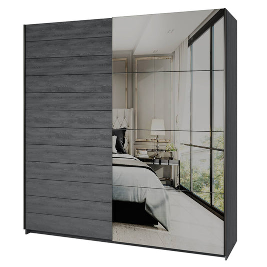 GALAXY - Cabinet with 2 sliding doors and a mirror / Carbon "Carbon oak" Gray 