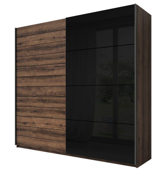 GALAXY - Cabinet with 2 sliding doors and black glass 200cm / Brown oak - black glass 