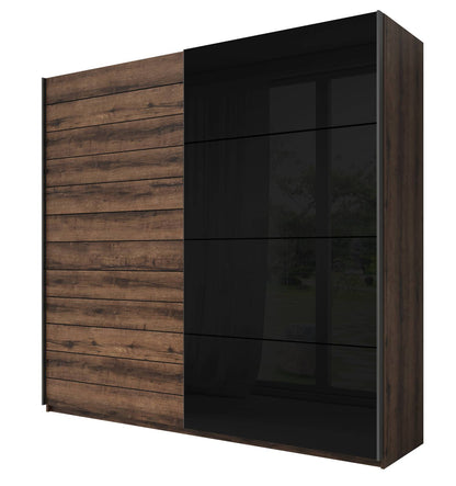 GALAXY - Cabinet with 2 sliding doors and black glass 221cm / Brown oak - black glass 