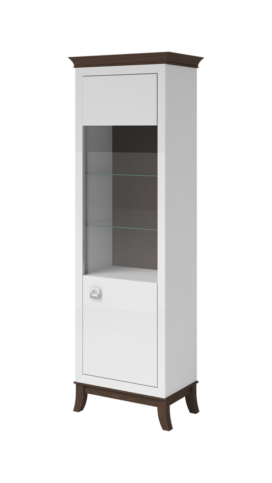 TISARO - Showcase with 1 door (1x glass) Left / Chocolate oak / white-white gloss finish