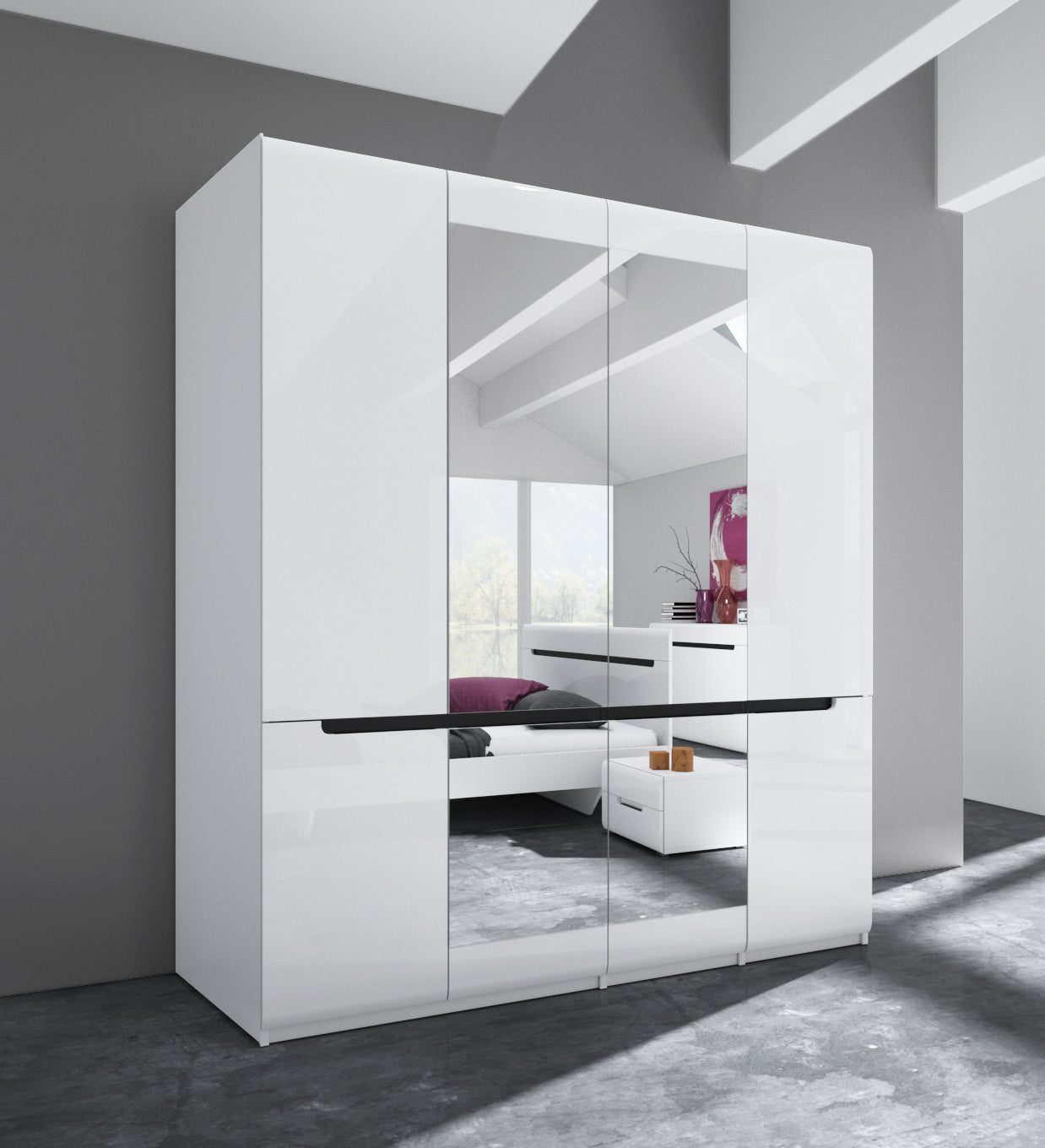 HEKTOR - Cabinet with 4 doors and 2 mirrors / White/white glossy (MDF)