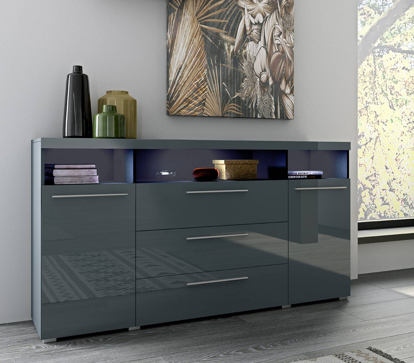 INDIA - Chest of drawers with 2 doors and 3 shelves / grey/gray gloss 